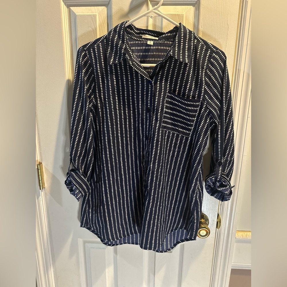 Rebecca Malone Navy‎ & White Button Down Roll Tab 3/4 Sleeves Small